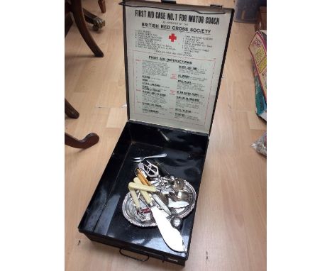 A 1930/40's First Aid metal tin, along with silver plated tray and flatwares