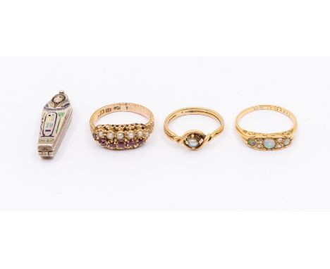 A collection of three gold rings to include a Victorian ruby and pearl 15ct gold double row ring, size M, total gross weight 