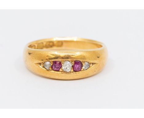 A Victorian ruby and diamond 18ct gold ring, boat setting with alternate round graduated diamonds and rubies,  size I, total 