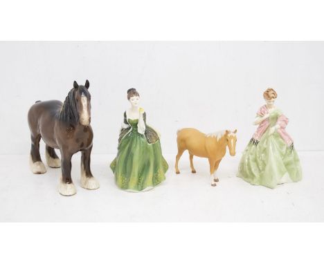 Royal Doulton Fleur lady figure, Worcester First Dance lady figure, along with two Beswick horses