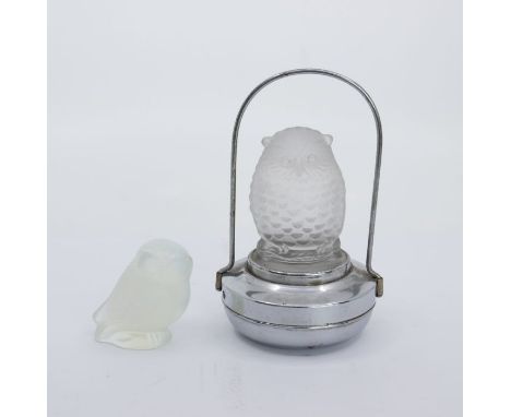 Lalique: A Lalique opalescent model of an owl plus a chrome plated night light with a glass owl body. Height of Lalique owl a
