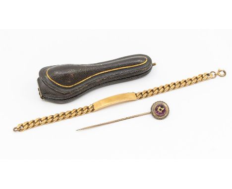 A yellow metal ID bracelet, blank bar, assessed as hollow 9ct gold, clasp stamped 9ct, gross weight approx 9.2gms; together w