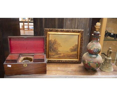 A late 19th Century mahogany tea caddy, brass bell, Cloisonne vase, table lamp and a late 19th Century oil on canvas