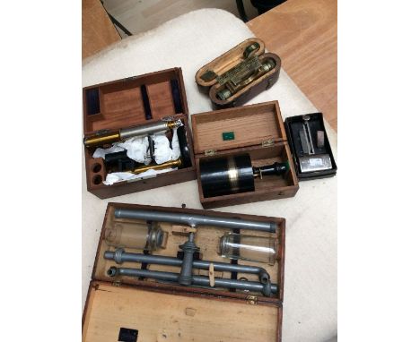 Collection of early 20th Century cased instruments, including cased Italian optical items, cased compass, measuring instrumen