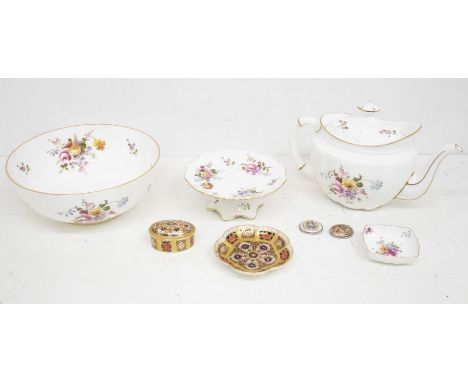 Royal Crown Derby Posie pattern teapot, fruit bowl, bonbon stand, pin dish, along with 1128 Imari pin dish and trinket box, a