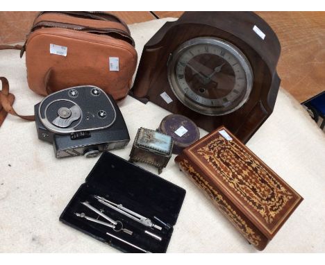 1950s mantle clock, 1950s vintage cinecamera, compass set, trinket boxes and vintage tin