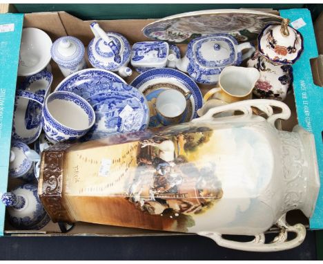 collection of blue &amp; white china items including Spode, Masons vase and late Victorian vases, transfer and hand painted s