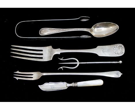 A collection of 19th & 20th Century flatware to include:1. a pair of George III bright cut engraved sugar nippers, hallmarked