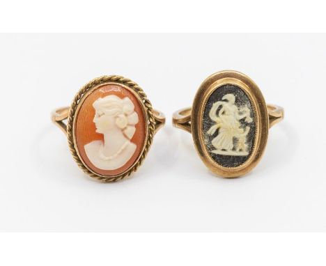 A 9ct gold and Wedgwood black jasperware cameo ring, size M1/2, gross weight approx 3.8gms; together with another gold and sh