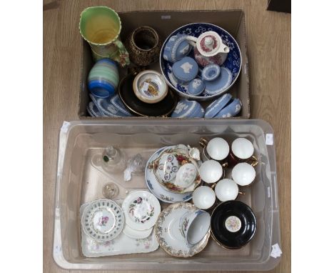 Collection of mixed china wares including Wedgwood Jasper, Spode blue and white bowl, Shelley vases, Spencer &amp; Stevenson 