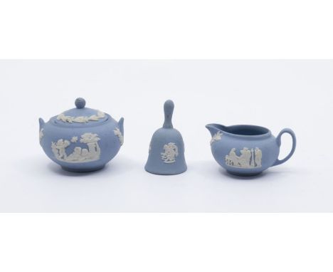 A collection of three Wedgwood miniature Jaspar ware items including: sucrier and cover; cream jug and bell, impressed mark, 