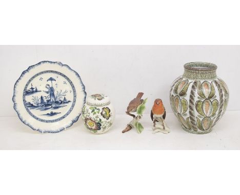 Denby vase, two Goebel bird figures, Masons ginger jar, early 19th Century Chinese export plate, with mid 20th Century tray