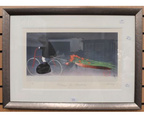 Signed print by Mackenzie Thorpe, titled Flowers for Christmas, 310/850, ­10 3/4 x 20" approx