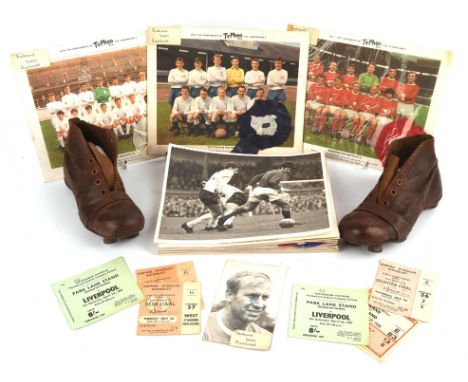 Large Collection of Various Vintage Football related items - To include a pair of early leather football boots (marked 12 und