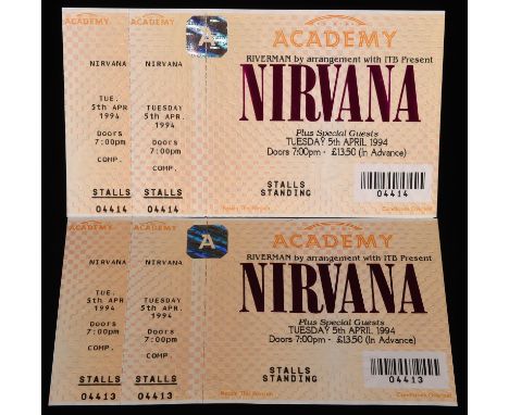 Nirvana - Two unused concert tickets for the cancelled UK Tour Date, Tuesday 5th April 1994 at London Brixton Academy, indivi
