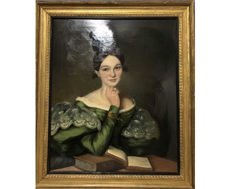 British School, 19th Century, A portrait of a seated lady in front of books, oil on canvas, unsigned. 29x24ins., approx.Qty: 