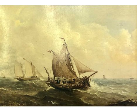 Attributed to John Moore of Ipswich, Seascape of a dogger and other sailing trawlers in open waters, oil on board, 28x38cm, f