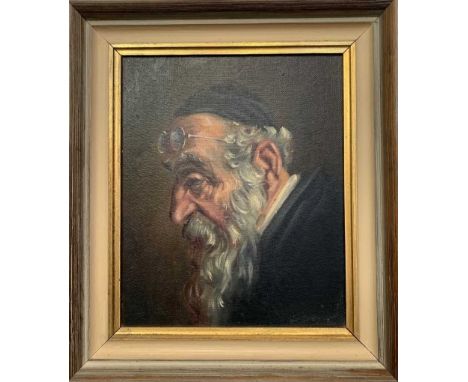 British School, Late 20th Century, profile portrait of a spectacled rabi, oil on board, indistinctly signed to lower right, f