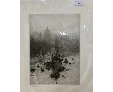 William Lionel Wyllie, RA (1851-1931), 'The President lying on her permanent mooring on the Thames', black and white etching,