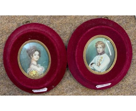 Two oval miniature portraits, enamel on board, signed Demarl, red velvet frames and inner gilt, each approx 2.5x2ins.