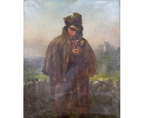 British School, 19th Century, Portrait of a Victorian man wearing an Ulster coat and smoking a pipe, indistinctly signed oil,