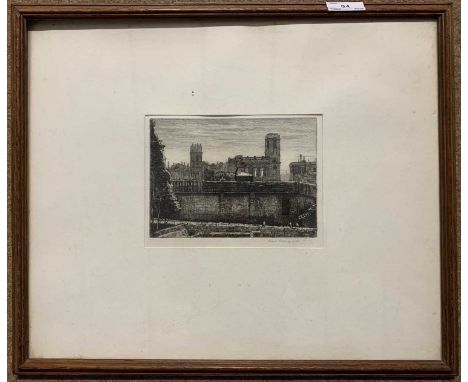 Esme Currey (British, 20th Century), Off Ebony Square, etching on paper, signed, 5x7ins, framed and glazed.