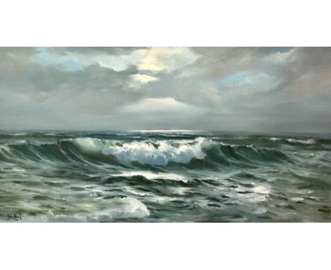 John Hewitt (British, Contemporary) Seascape, waves breaking under a clouded sky, oil on board, signedQty: 1