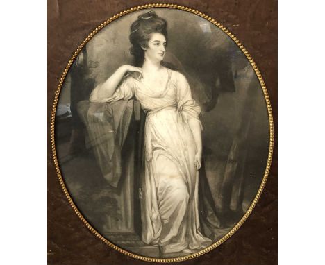 After Joshua Reynolds (British, 18th Century), Portrait of a lady next to a fluted plinth, woodland behind, mezzotint engravi