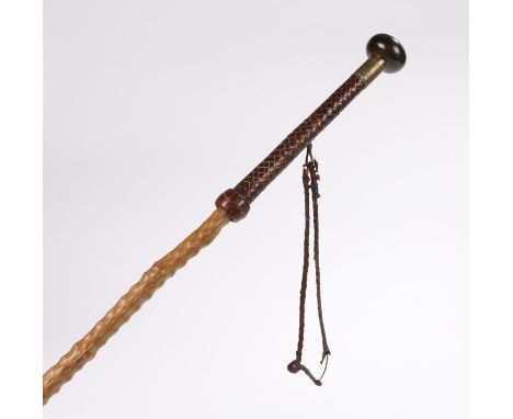 Early 20th Century walking stick, the turned rhinoceros horn grip above a leather handle and thorn stick above a spike, 92cm 