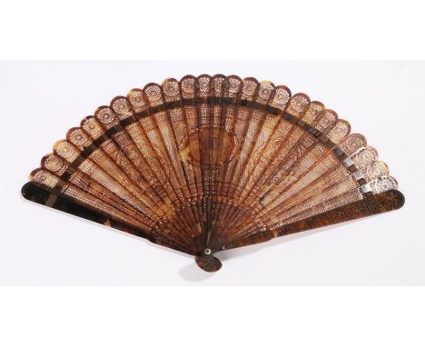 Early 19th Century Chinese export tortoiseshell lace work fan, the stick with overall lace work diamond design, two panels wi