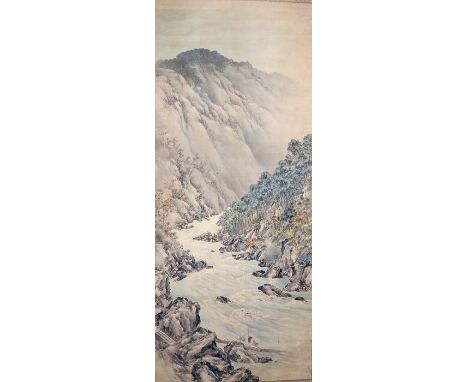Chinese watercolour scroll, depicting three figures crossing a river with hills to the rear ground, 69cm wide, 180cm high