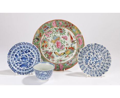 Chinese tea bowl and two saucers decorated with flowers and foliage, one saucer and tea bowl with plum blossom marks to the b