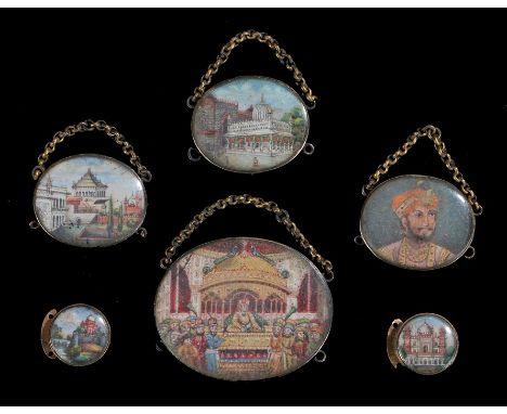 Six 19th Century Indian miniatures to include an oval of a Durbar highlighted in gilt, a head and shoulders portrait of a gen