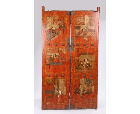 Pair of Chinese cabinet doors, painted with erotic scenes within each panel, 48.5cm x 181.5cm