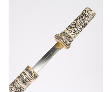 Meiji period bone wakizashi, the hilt and scabbard of carved bone with intricate figural design, with single edge blade. blad