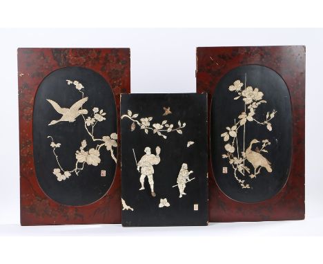 Three Chinese bone set panels, a pair with birds flying among trees and a signed panel, 37cm x 61cm, together with another sm