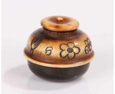 Japanese Meiji period Manju netsuke, the stag antler netsuke decorated with flower and basket in the form of a lidded pot. 3c