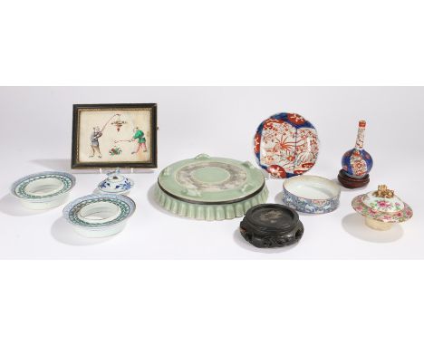 Victorian Chinese Celadon green stand, three lids a famille rose example, a famille vert example and a blue and white example