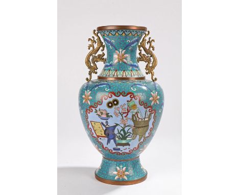 Chinese cloisonne enamel vase, with pierced dragon decorated handles, the bulbous scroll and foliate body with cartouches dep