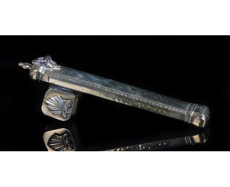 Brass pen box, the attached inkwell with shell form hinged lid, 19.5cm long