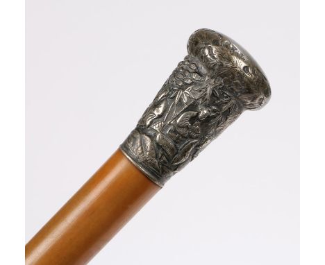 Chinese malacca walking stick, the white metal cap initialled G.W. and decorated with figures in a landscape, 83cm long