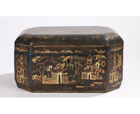 Chinese 19th Century lacquer work box, the rectangular box with canted corners decorated in gilt with pagodas, figures and tr