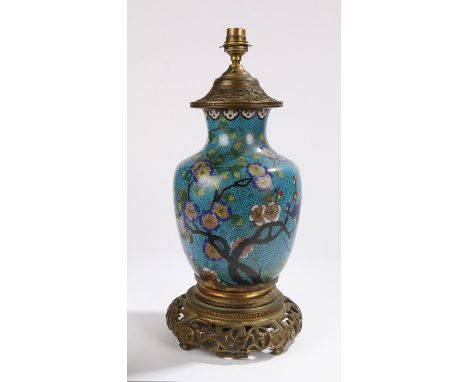 19th Century Chinese cloisonne vase, converted into a lamp with gilt metal top and bottom, the vase with a blue ground and fo