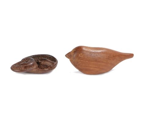 Two wood netsuke, a carved netsuke depicting fungi and a stylised bird netsuke. (2)