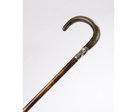 George V silver and horn walking stick, the probable rhinoceros horn handle above the silver collar assayed for Birmingham 19