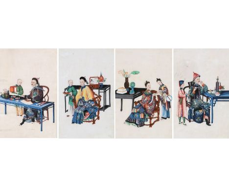 Four Chinese Qing dynasty pith paper paintings, depicting an Emperor painting a fan, an Empress reading a book, an Emperor dr