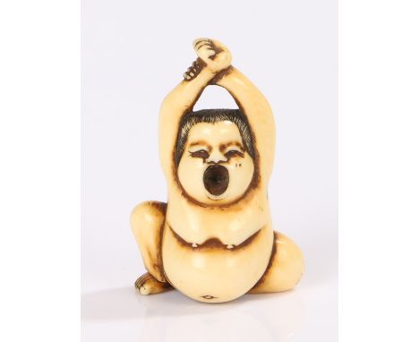 Japanese Edo period netsuke, the ivory netsuke depicting Uzume, yawning and stretching his arms above his head, 6cm high