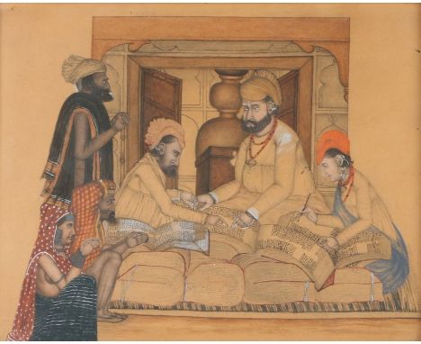 19th Century Indian portrait depicting a Maharaja with scribes and attendants discussing a document, Company school circa 186