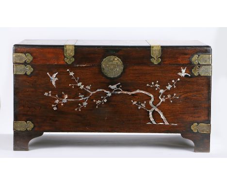 Early 20th Century Chinese mother or pearl decorated chest, the rectangular top with dragon decorated brass strapping and a m