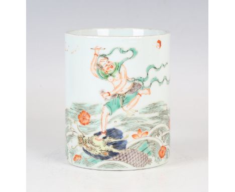 A Chinese famille verte porcelain brushpot, Kangxi style but later, of cylindrical form, the exterior painted with a figure s